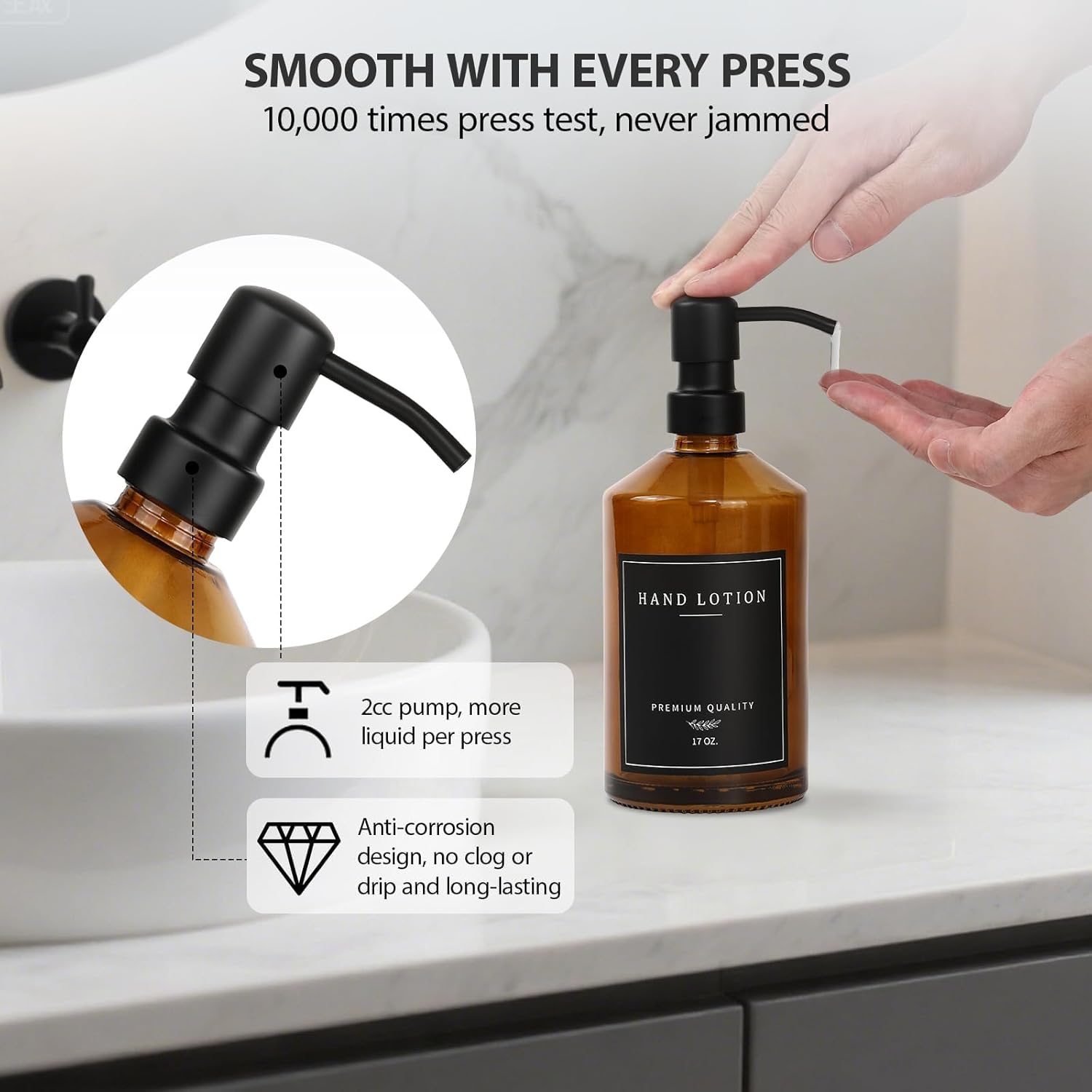 Amber Glass Soap Dispenser, Bathroom Hand Soap Dispensers with Stainless Pump, 17 Oz Kitchen Hand and Dish Soap Dispenser Set, Modern Liquid Soap Lotion Dispenser (Amber Bottle/Black Pump)