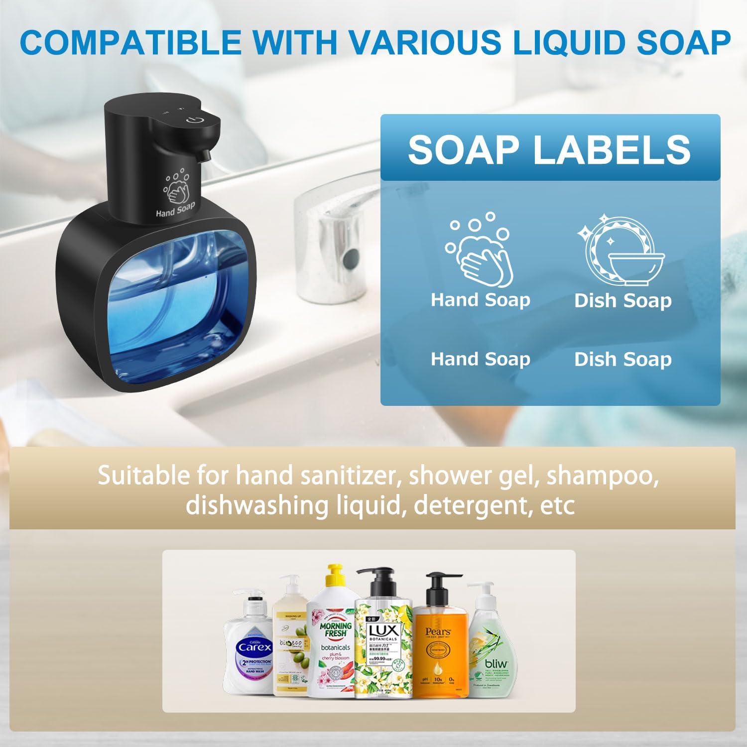 Automatic Liquid Soap Dispenser with 500ml /17oz Capacity, Touchless Soap Dispenser with 4 Level Adjustable, Rechargeable, Wall-Mounted, Waterproof for Kitchen, Bathroom, Hotel, Restaurant