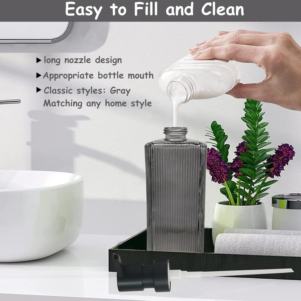 Grey Glass Soap Dispenser with Black Plastic Pump, 12oz Lotion Dish Dispenser, Refillable Liquid Hand Soap Dispenser for Modern Home Decor, Bathroom, Kitchen Countertop, Hotel