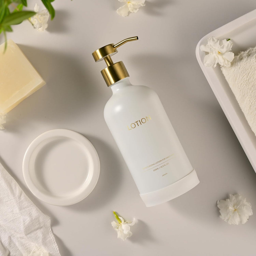 Glass Soap Dispenser Set by Janxin,Bathroom Soap Dispenser Set with Ceramic Tray,Luxury Bathroom Accessories,Modern Kitchen Decor (White+Gold(Lotion))