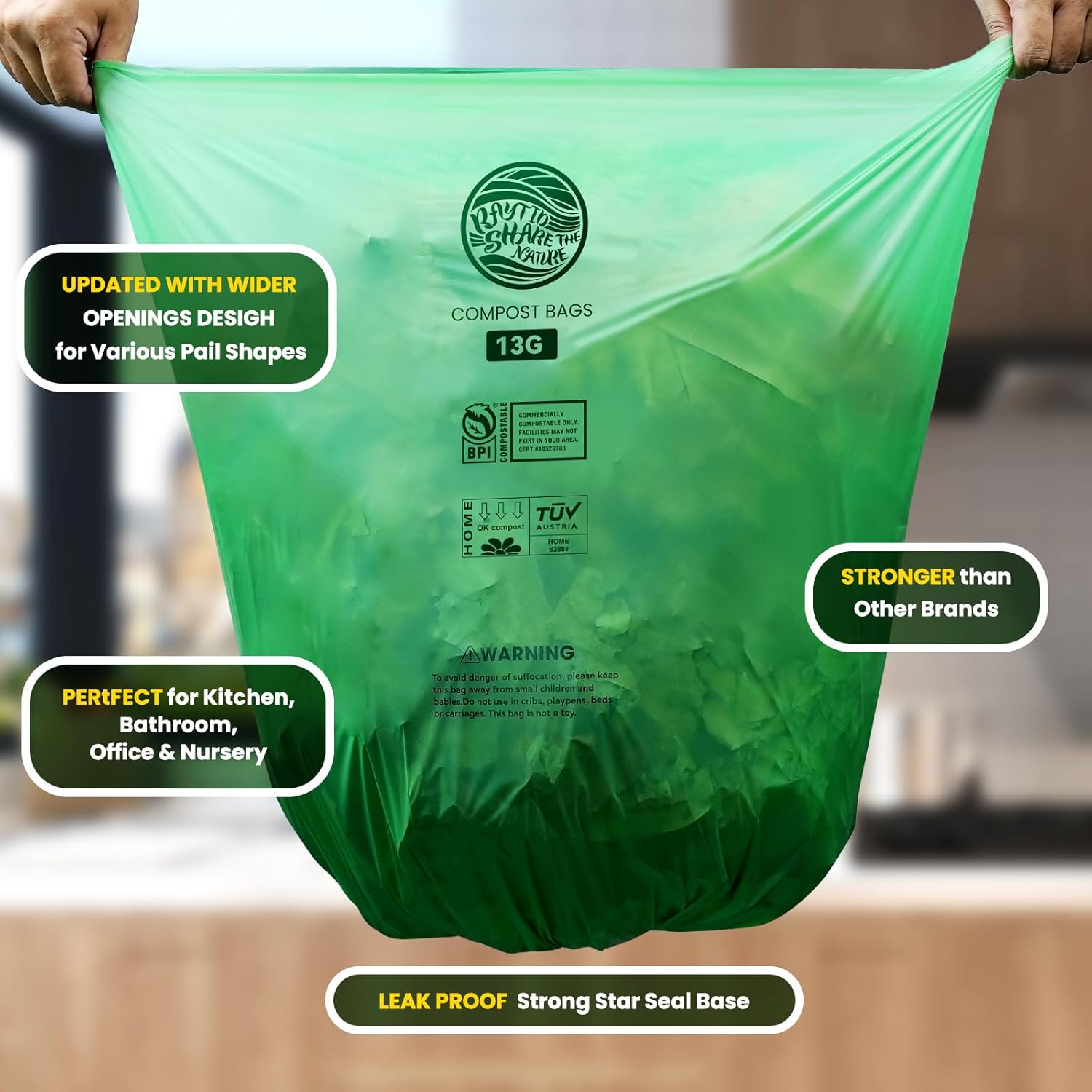 RAYTID 13 + Gallon Compostable Trash Bags,70 Count, Extra Thick 1.1 Mil, Tall Kitchen Food Scrap Waste Bag, ASTM D6400, US BPI and OK Compost HOME Certified