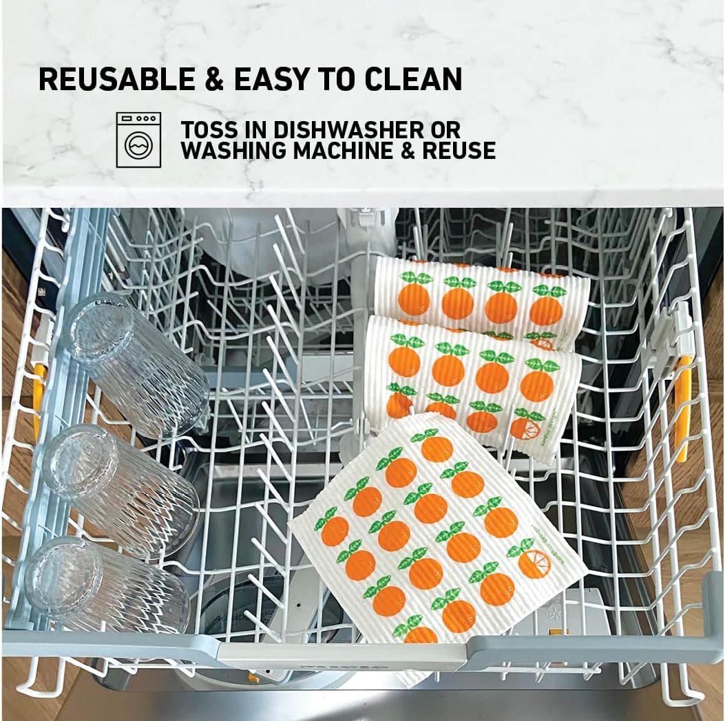Nordhus Design Swedish Dishcloths, 5 Pack Oranges, Made in Sweden - Reusable, Washable Cellulose Cotton Kitchen Cloths - Replace Paper Towels, Wipes, Sponges, Dish Rags