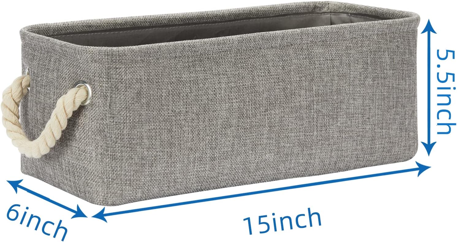 Temary Small Storage Baskets for Organizing, Narrow Baskets for Storage Toilet Paper Rolls, Fabric Baskets with Handles for Closets, Cabinets, Shelves (Grey, 15Lx6Wx5.5H Inches)