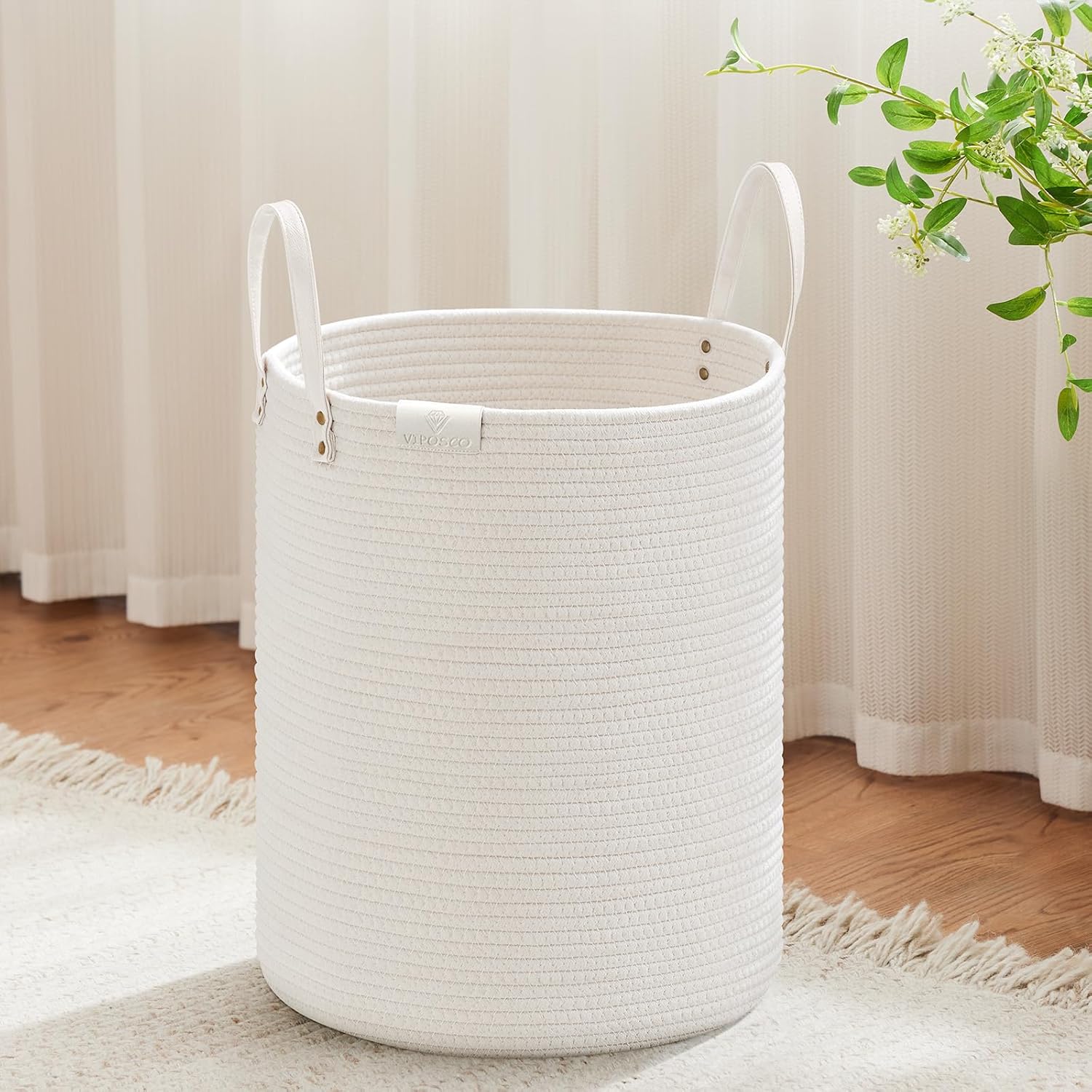 VIPOSCO Tall Laundry Basket, Large Dirty Clothes Hamper with Leather Handle, Woven Rope Storage Basket for Blanket, Toy In Living Room, Bathroom, Bedroom - 53L White