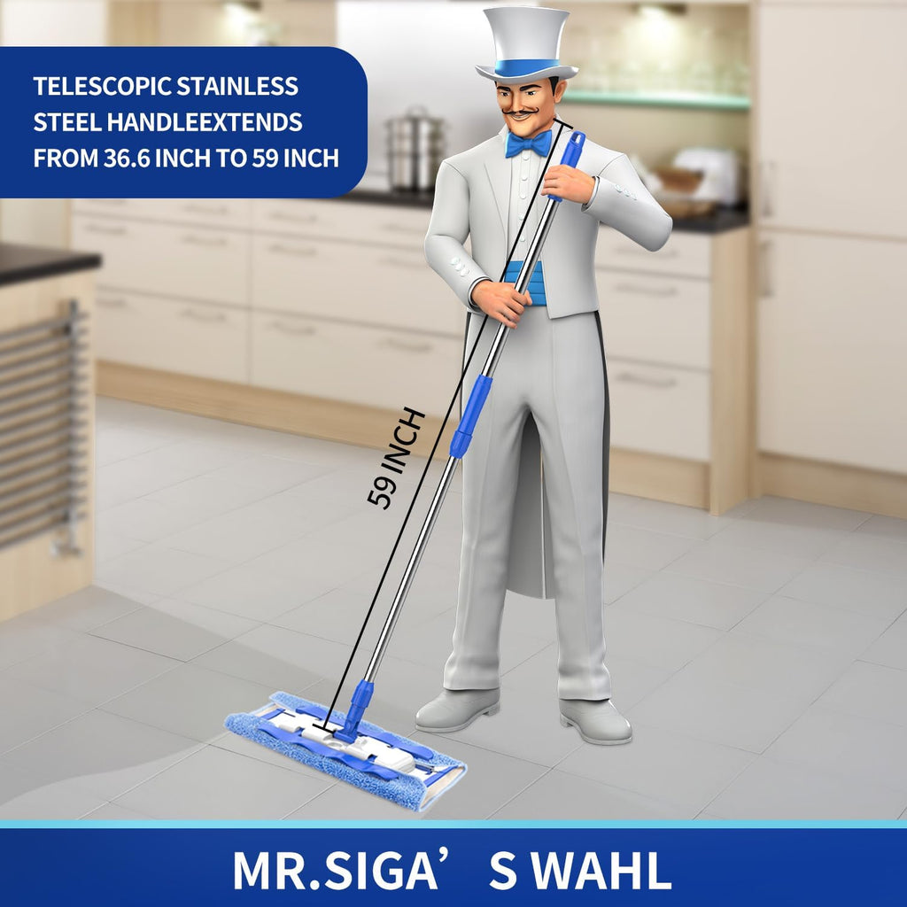 MR.SIGA Professional Microfiber Mop for Hardwood, Laminate, Tile Floor Cleaning, Stainless Steel Telescopic Handle - 3 Reusable Flat Mop Refills and 1 Dirt Removal Scrubber Included