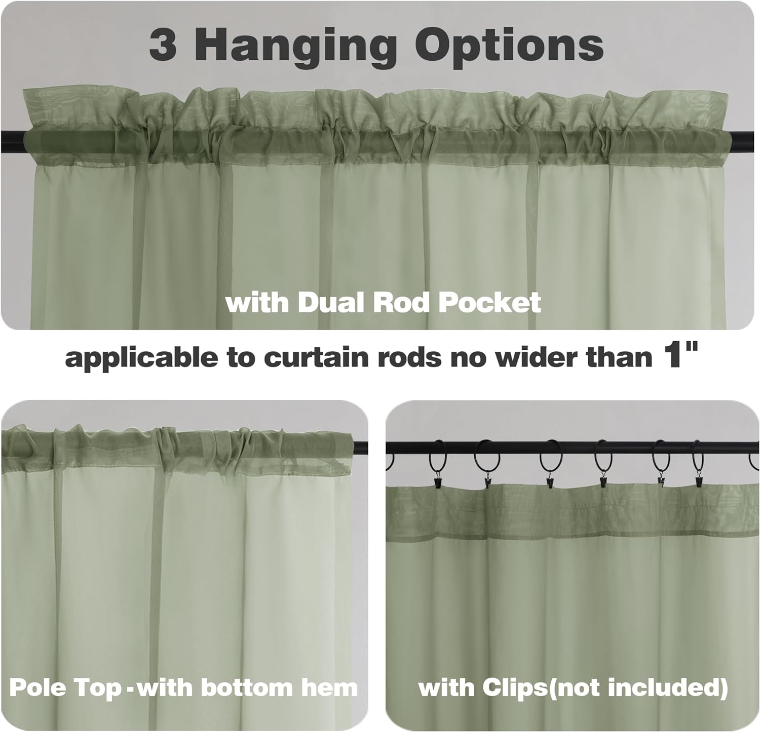 Chyhomenyc Sheer Sage Green Valances for Windows 2 Pack, Small Window Curtains for Living Room Bathroom Cafe Laundry Basement, Modern Top Dual Rod Pocket Voile Curtain, 42W x 18L inches, Sage Green