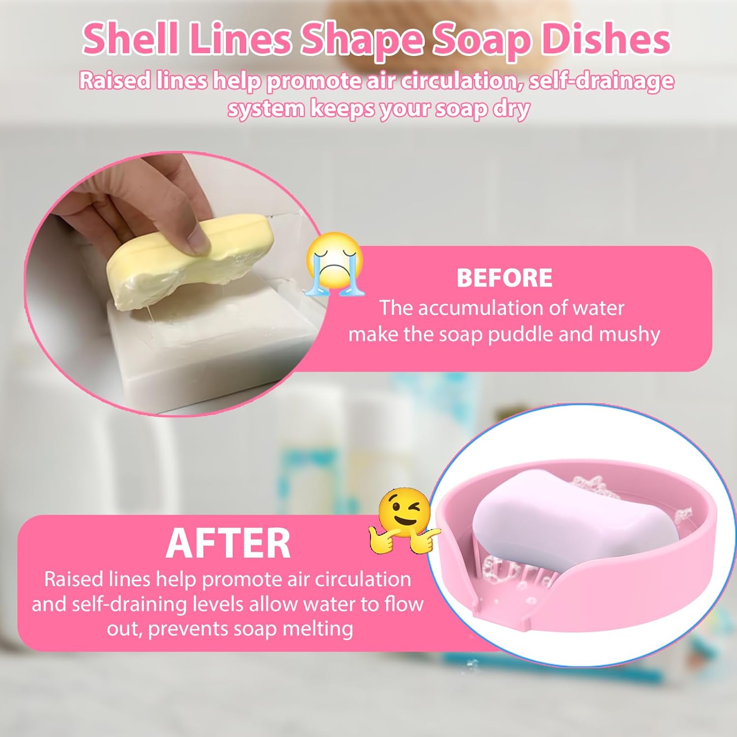 Self Draining Soap Dish, Silicone Suction Cup Soap Holder Tray Savers Container Sponge Holder for Bar Bathroom Shower Kitchen Sink, Can Extend Soap Life (2, Pink)