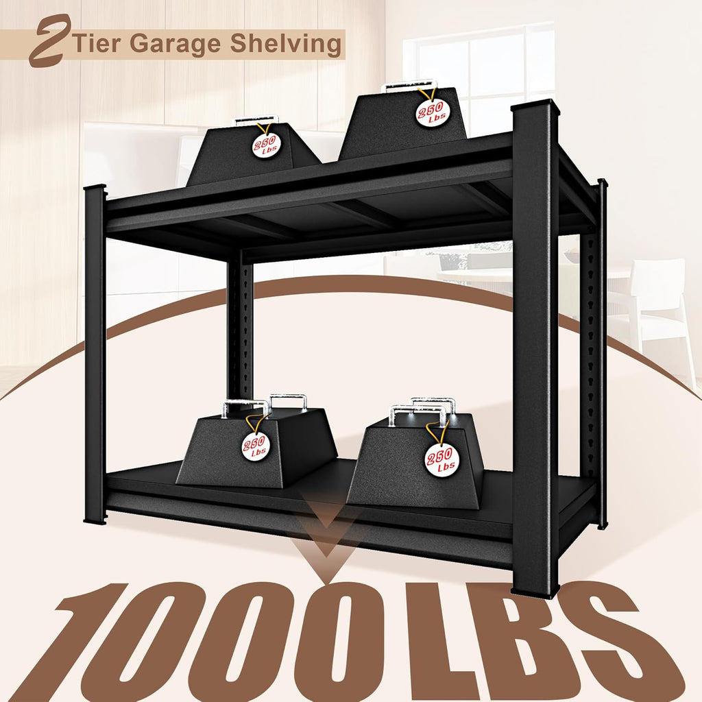 40" W 2-Tier Garage Shelving Heavy Duty, 1000LBS Loads Garage Storage Shelves, Metal Shelving Units and Storage Racks, Industrial Utility Shelf Heavy Duty,40" Wx16 Dx36 H, Black