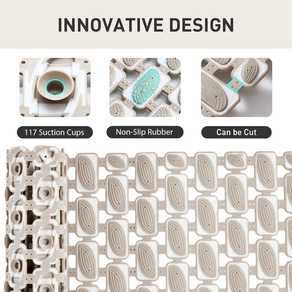 Shower Mat Non Slip Bathtub Mat, 27 x 16 Inch Eco-Friendly Soft Bath Mat for Tub Non Slip Shower Mats for Inside Shower with Suction Cups and Drain Holes, Easy to Clean Quick-Drying, Brown