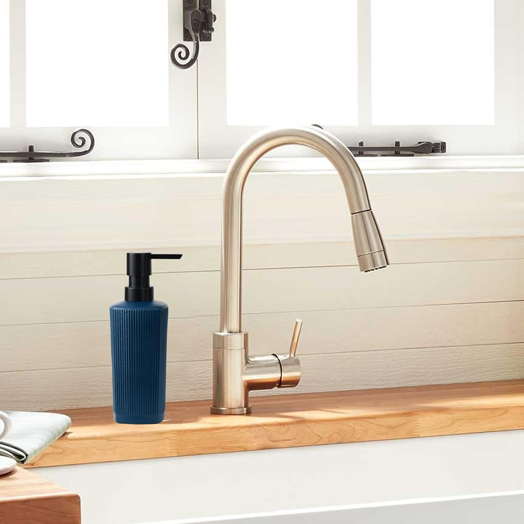 12 oz Glass Soap Dispenser with Vertical Stripe with Black Plastic Rustproof Pump, Small Refillable Soap Dispenser for Kitchen and Bathroom (Dark Blue)