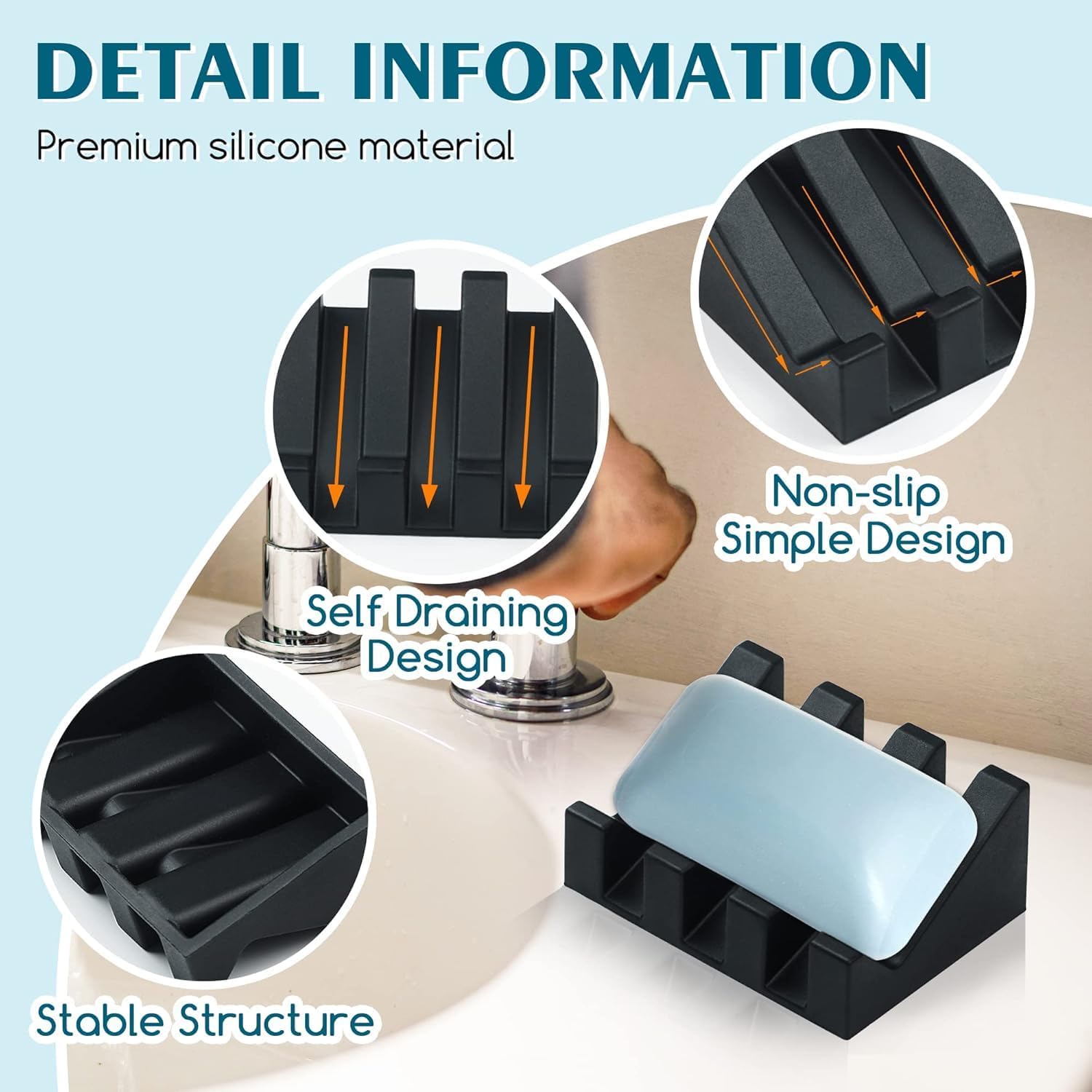 Silicone Soap Dish for Bar Soap Holder for Shower Bathroom Self Draining Waterfall Drying Tray Keep Soap Bars Dry Clean & Easy Cleaning (Black, 2)