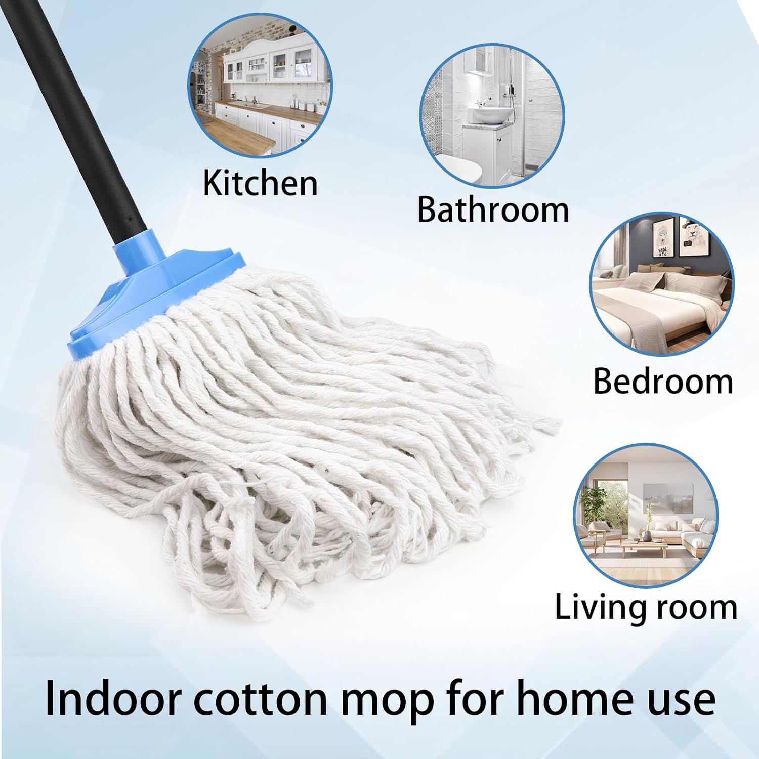 Indoor Cotton Mops for Floor Cleaning - Indoor Cleaning Mop for Wood Floors, Tile, Hardwood Floor, 52" Adjustable Iron Handle Regular Mops to Clean Living Room, Kitchen, and Bathroom. (Blue White