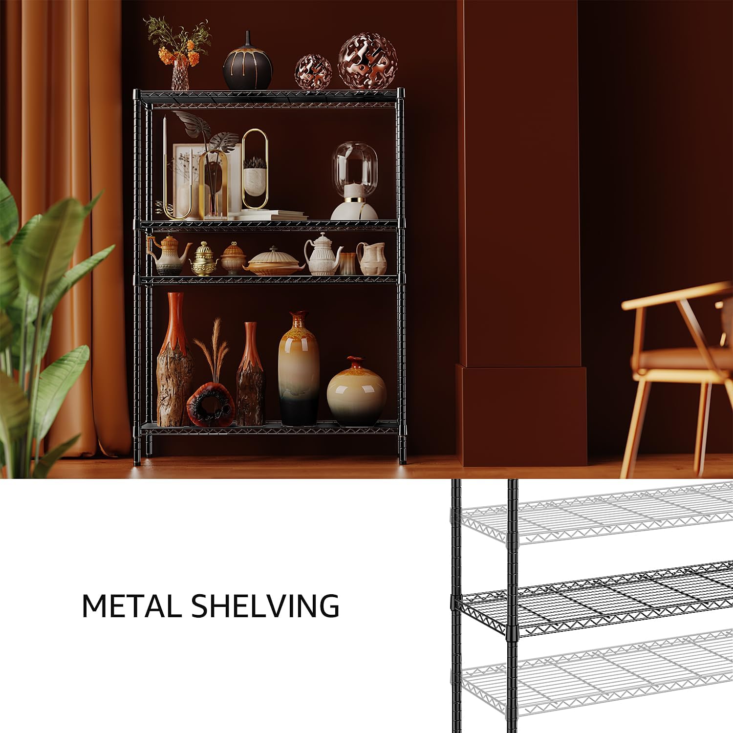 IZEUK 1400 LBS Garage Black Shelving Wide Storage Shelves 4 Tier Adjustable Heavy Duty Metal Wire Rack Standing Shelf Unit for Kitchen Office College Dorm Garage Warehouse 15.8" x 45.8"x 59.4"