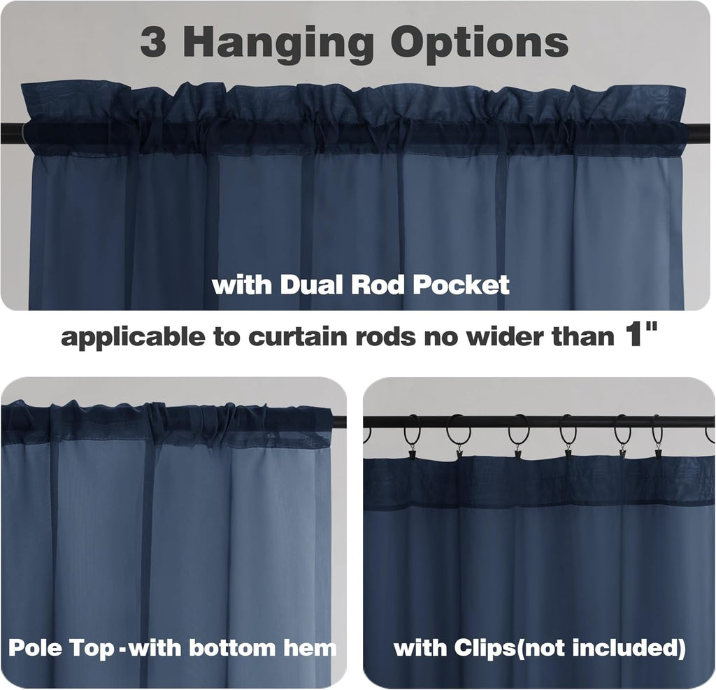 Chyhomenyc Navy Blue Sheer Curtains 78 Inches Long 2 Panels Set for Living Room, Light Filtering Voile Lightweight Bedroom Curtains, Rod Pocket Solid Window Treatment Drapes, Each 42W x 78L