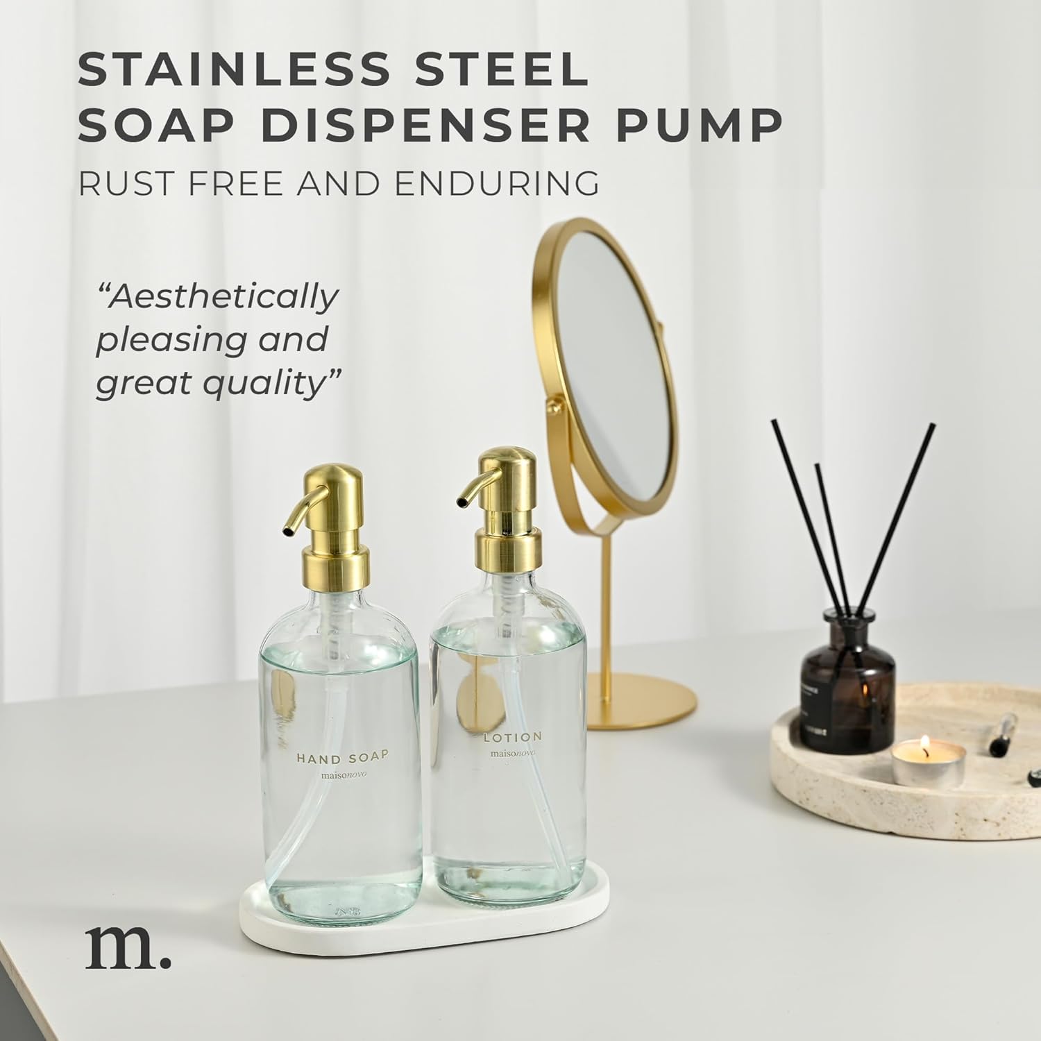 MaisoNovo Soap Dispenser 3-Piece Set | 16.9oz Clear Bottles with Gold Stainless Steel Pumps