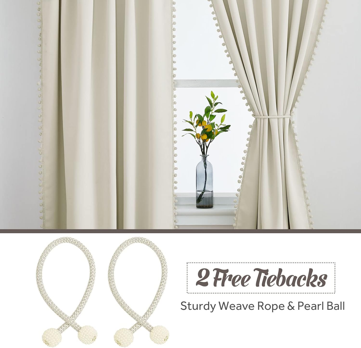 RYB HOME Bedroom Curtains 84 Inches Long Kids Curtains Blackout Window Drapes with Pom Pom Balls Lights & Heat Blocking Drapes for Girls Boys Kitchen Farmhouse, Beige, W52 x L84, Set of 2