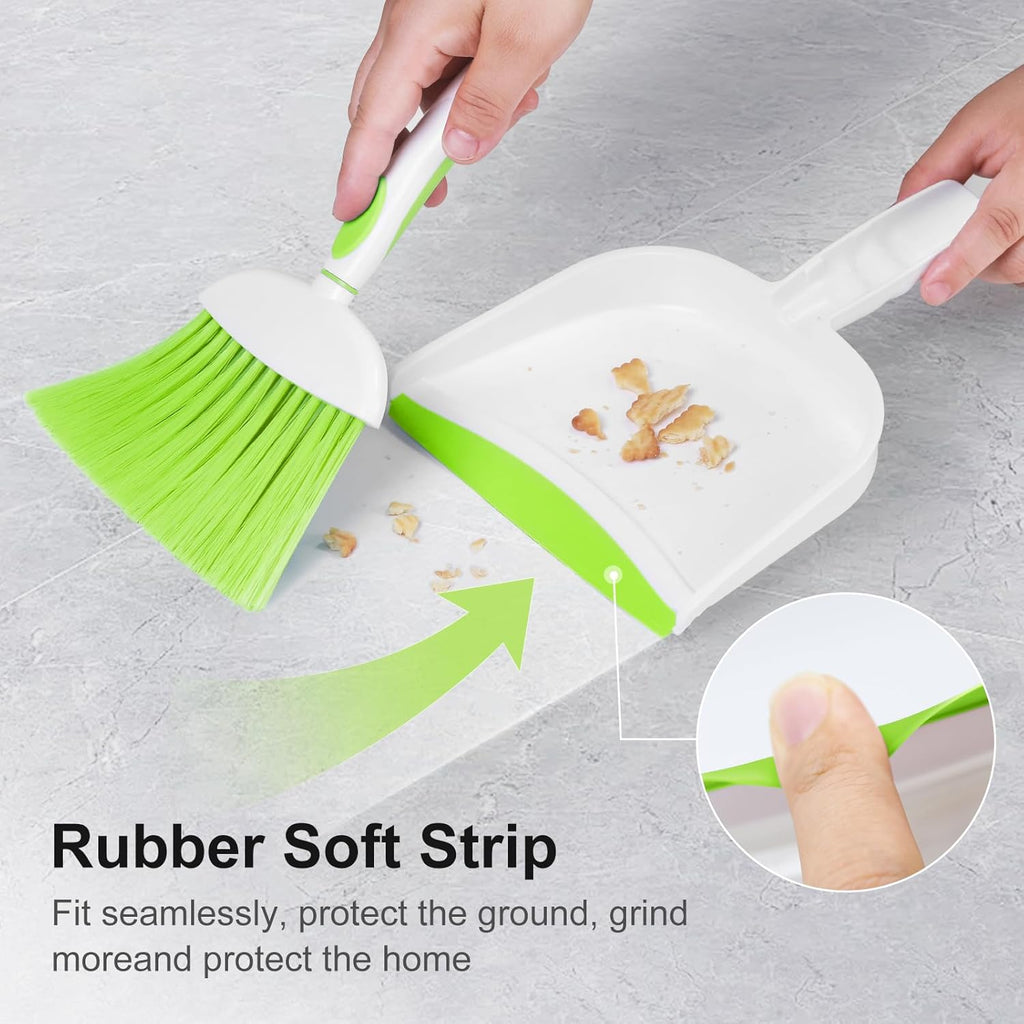 NACENA Small Dust Pan and Brush Set, Mini Broom and Dustpan Set Small Hand Broom and Brush Combo Dust Pan with Teeth for Home Cleaning Drawers Desktop Sofas Pet Care and Outdoor, Green