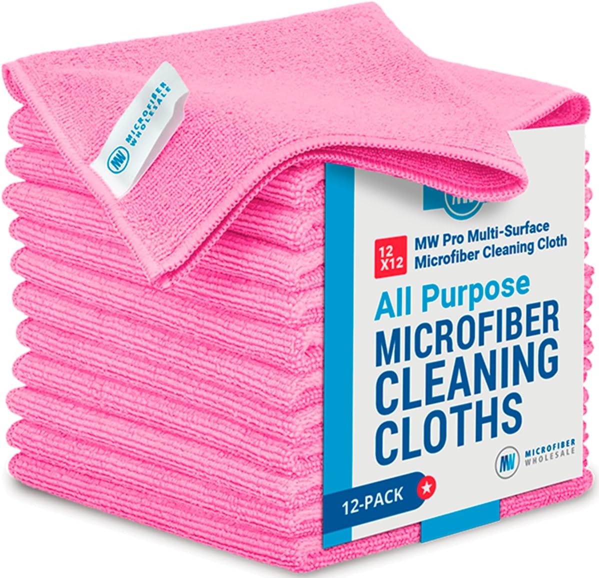 Microfiber Wholesale 12" x 12" MW Pro Multi-Surface Cleaning Cloths Pink - 12 Pack | Premium Microfiber Towels for Cleaning Glass, Kitchens, Bathrooms, Automotive, Supplies & Products