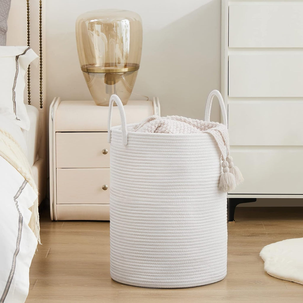 Woven Rope Laundry Hamper Basket by YOUDENOVA, 58L Tall Laundry Basket, Baby Nursery Hamper for Blanket Storage, Clothes Hamper for Laundry in Bedroom-Large-Pure White