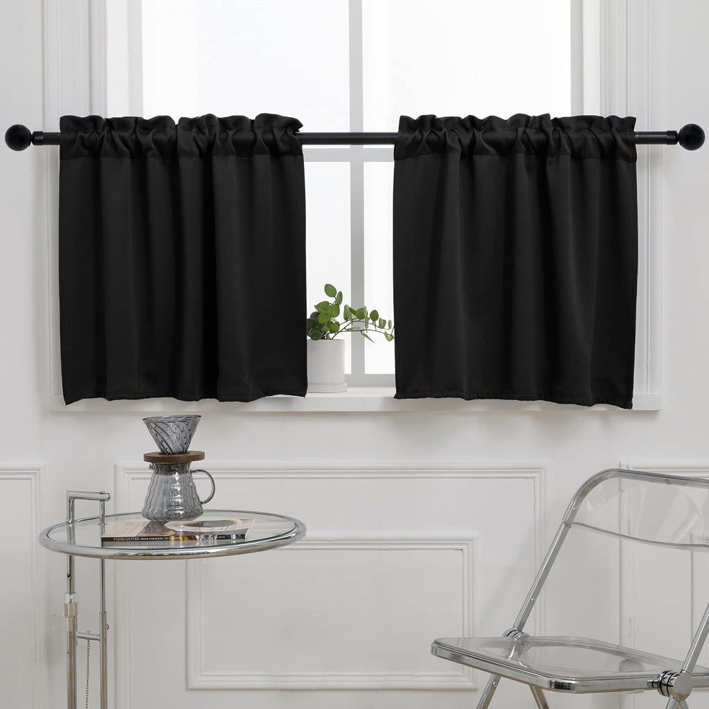 Pickluc Rod Pocket Tier Curtain - Half Blackout Curtain for Kitchen, Bathroom, Cabinet, Basement, 42 Inches Wide and 24 Inches Long, Black, 2 Panels