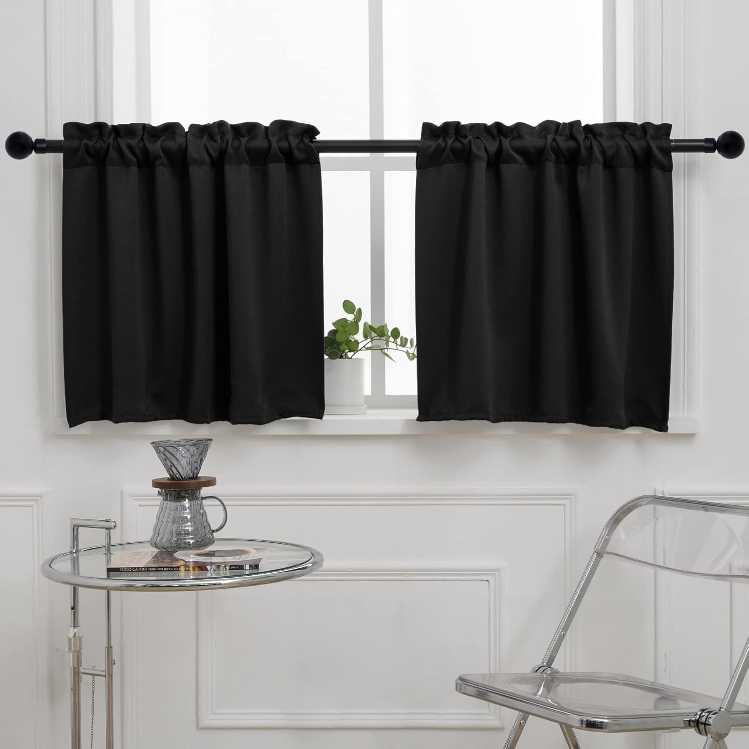 Pickluc Rod Pocket Tier Curtain - Half Blackout Curtain for Kitchen, Bathroom, Cabinet, Basement, 42 Inches Wide and 24 Inches Long, Black, 2 Panels