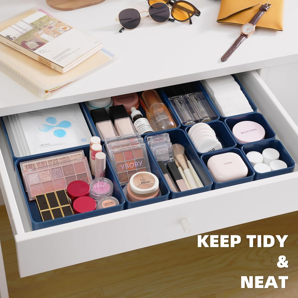 11-Piece Stackable Drawer Organizer Set, Multi-size Desk Drawer Organizer Trays Vanity Storage Bins for Storing Makeup, Stationery, Utensils in Bathroom Dresser, Office and Kitchen