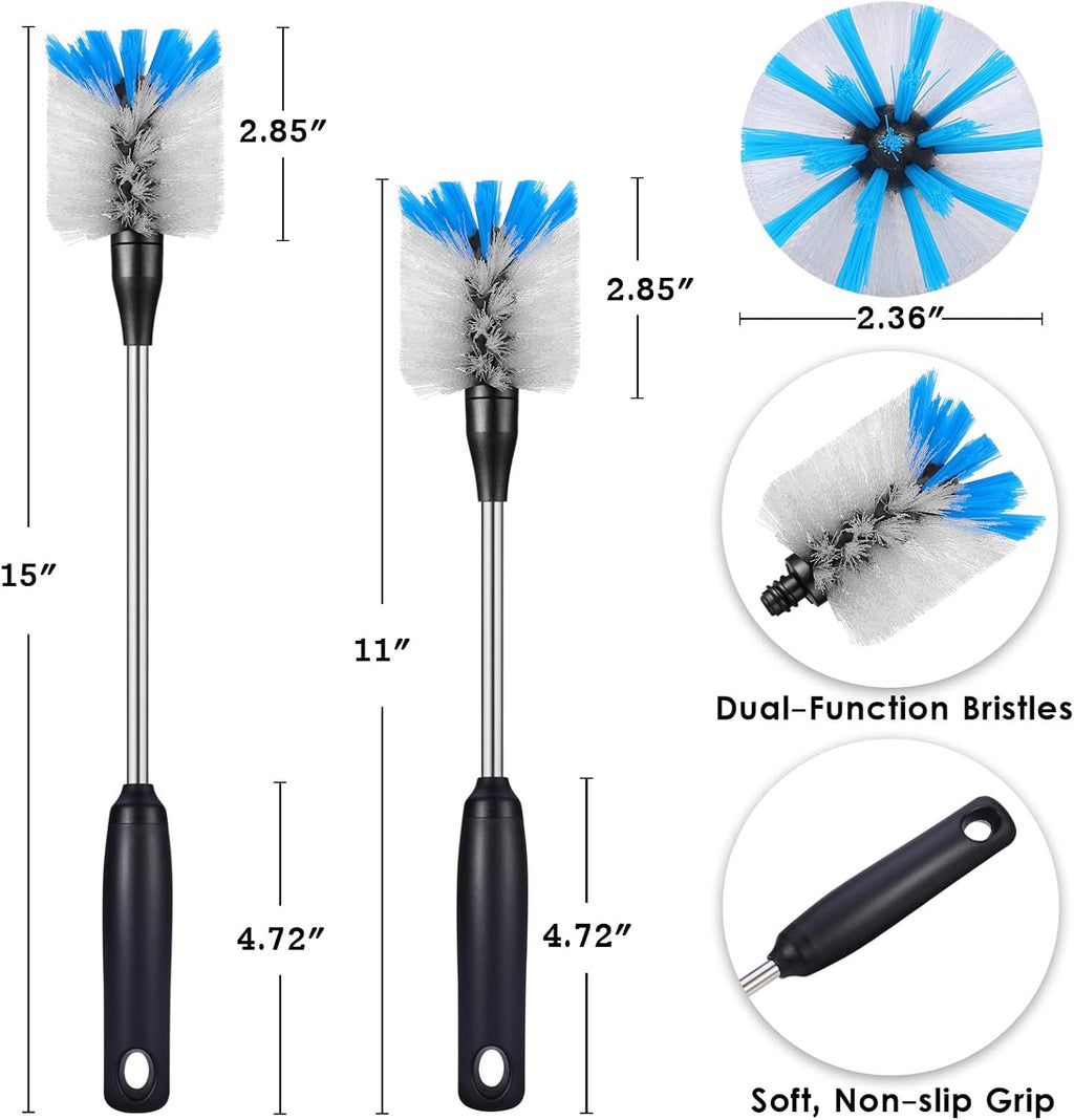 Stainless Steel Bottle Brush with Replaceable Head, 2 Pack Long Handle Scrubbing Brush for Water Bottles, Glasswares, Mugs, Flasks, Tumblers, Vases, and Kitchen Sink, 13 in