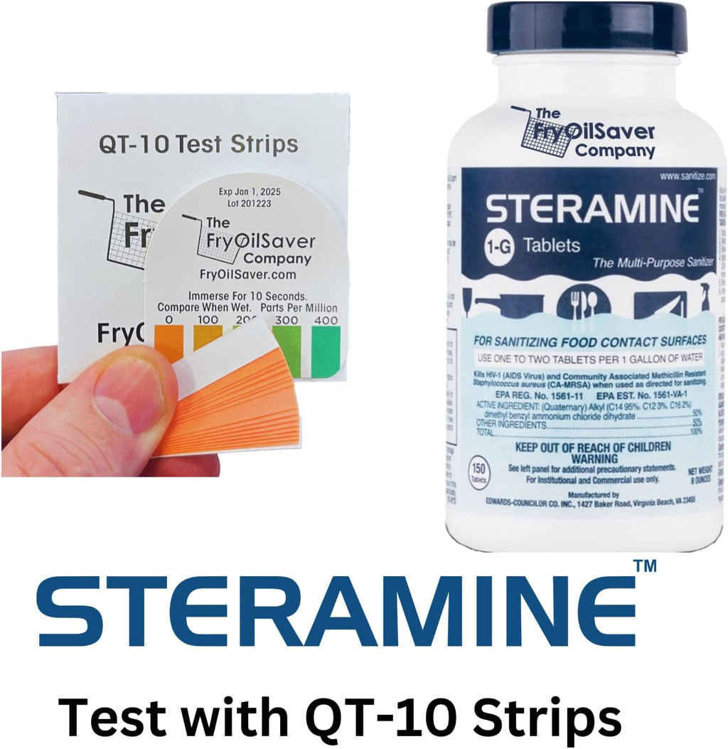 4 Bottles Steramine Sanitizer Tablets - 15x QT-10 Test Strip - Multi Purpose Sanitizing Tablets for Food Contact Surface, Kitchen, Restaurant Cleaning by FryOilSaver (600 Count)