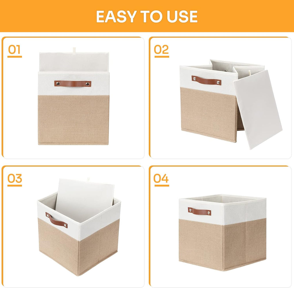 DULLEMELO Cube Storage Bins,12 x 12 x 12 inch Fabric Storage Cubes for Organizing,Collapsible foldable Linen Canvas Closet Storage Bins for Shelves Closet Bedroom Toys Home Office(White&Khaki-4 Pack)