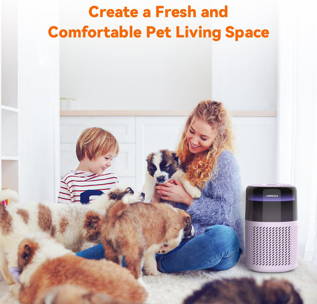AIRROMI Air Purifier for Bedroom Home,HEPA Filter,Covers Upto 549 Ft²,Quiet 360°intake Air Cleaner with Fragrance ponge for Better Sleep,Night Light,Filters Smoke,Pet Dander,Allergies,Dust,A2005Purple