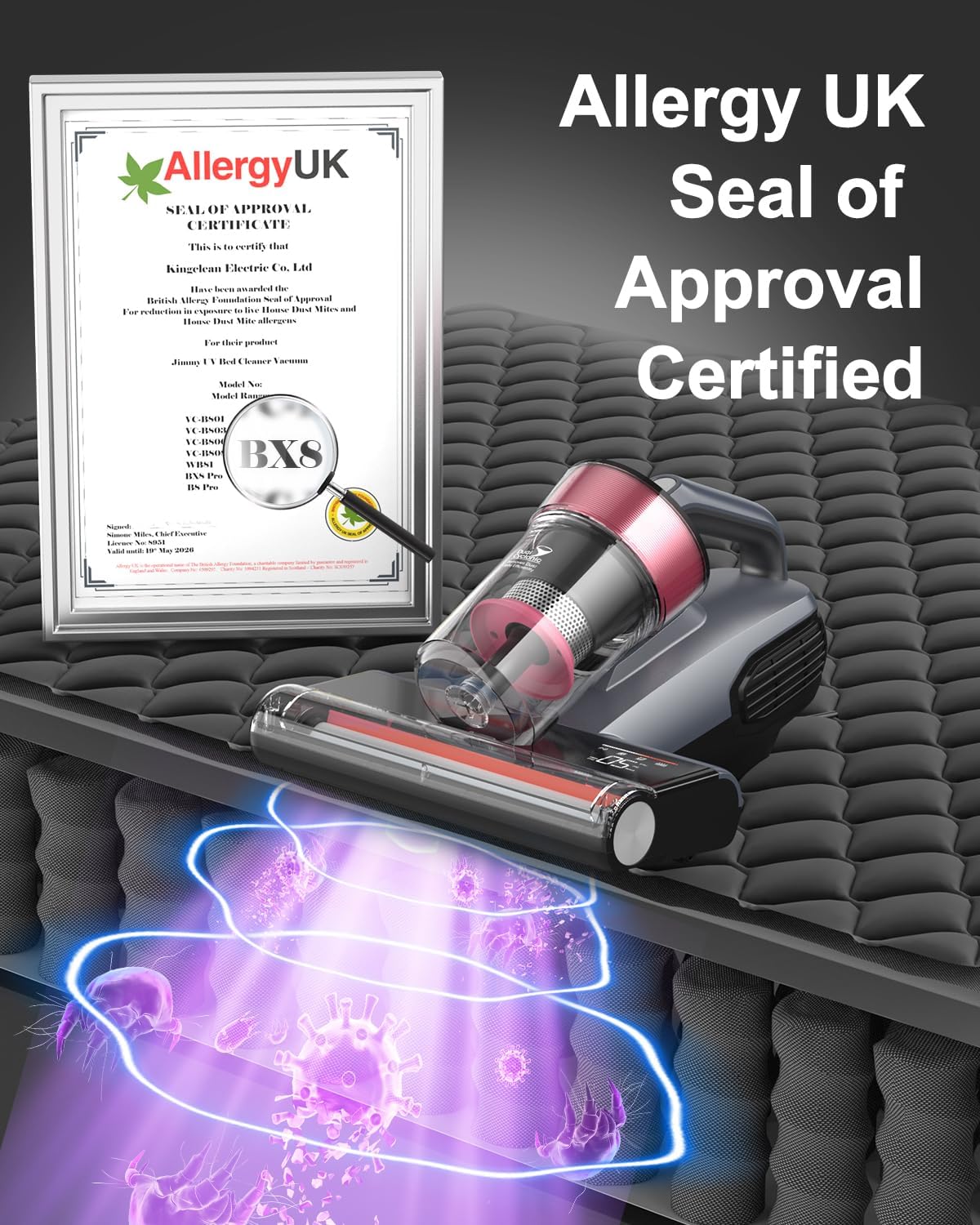 Jimmy Mattress Vacuum Cleaner, Bed Vacuum Cleaner with UV Sanitizing & HEPA Filter & Ultrasonic, Hot Wind and Air Purification, 15Kpa 500W Handheld Vacuums for Bed, Couch, Sofa, Crib (BX8-Corded)