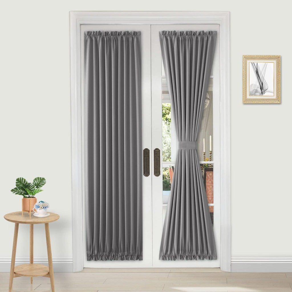 DWCN French Door Curtains – Rod Pocket Thermal Blackout Curtain for Doors with Glass Window, Kitchen and Patio Doors for Privacy, 25 X 80 Inches Long, 1 Curtain Panel with Tieback, Grey