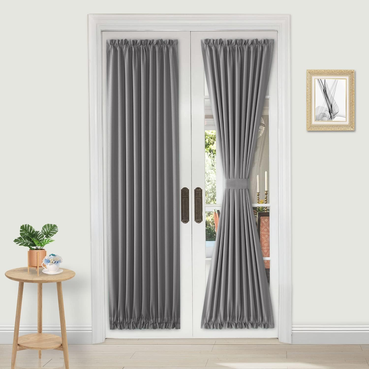 DWCN French Door Curtains – Rod Pocket Thermal Blackout Curtain for Doors with Glass Window, Kitchen and Patio Doors for Privacy, 25 X 80 Inches Long, 1 Curtain Panel with Tieback, Grey
