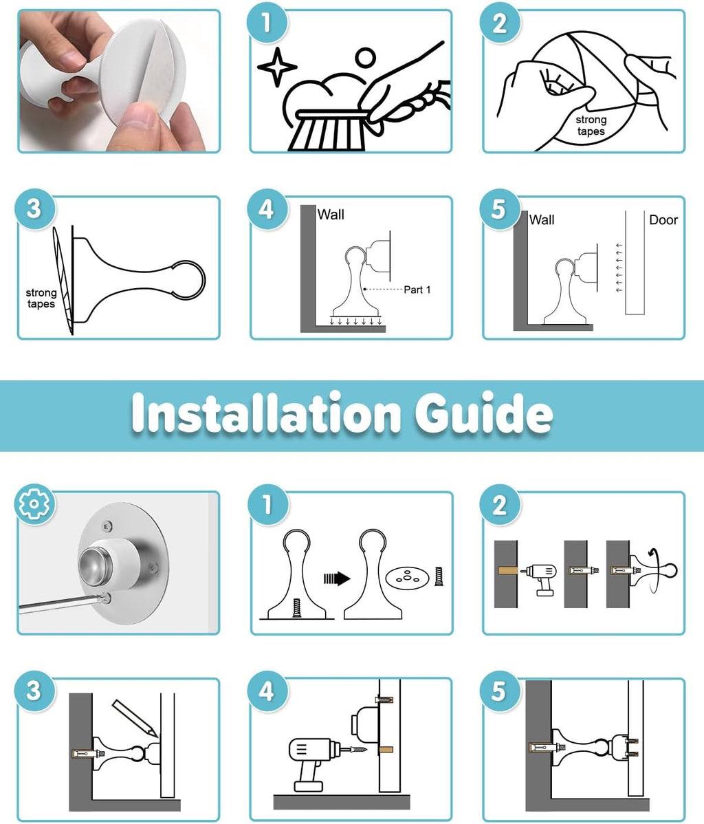 Magnetic Door Stoppers Door Catch - 4 Pack Stainless Steel Heavy Duty Door Stops for Bottom of Door, Wall & Floor Mounting No-Drill Strong Adhesive & Screws, Strong Door Holder to Keep Door Open