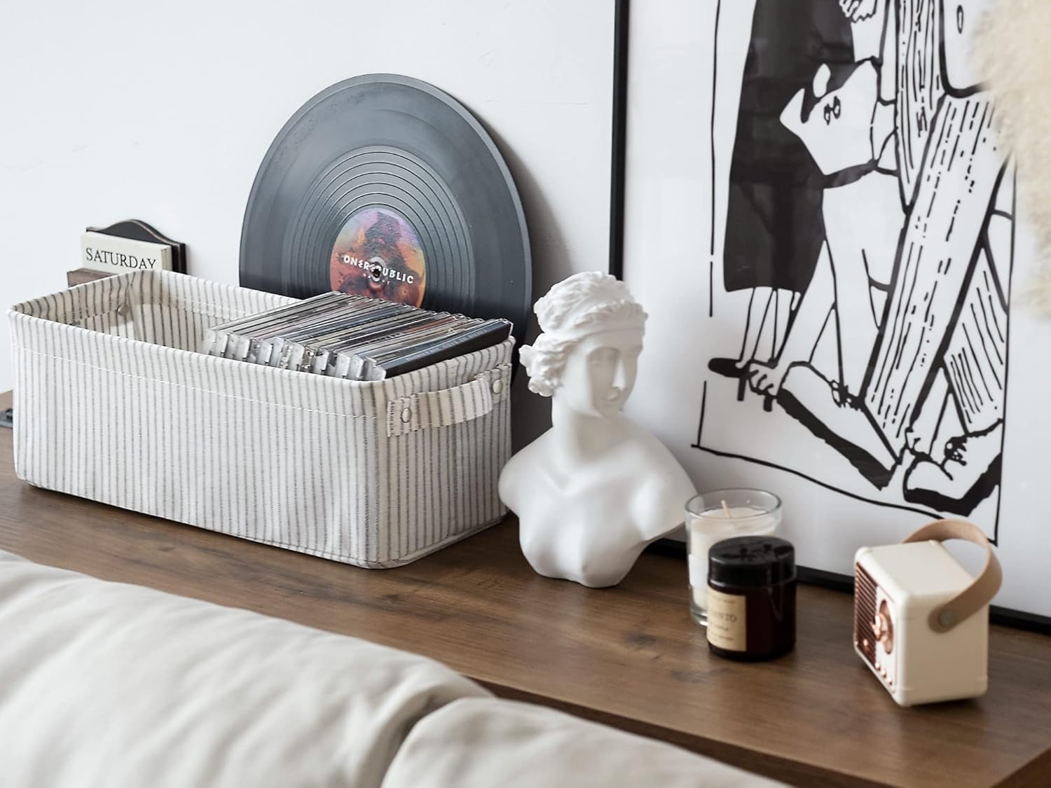 StorageWorks Narrow Storage Bins, Small Basket for Closet and Shelves, Fabric Organizer with Handles, Toilet Paper Storage, Khaki and Beige Stripes, 2-Pack