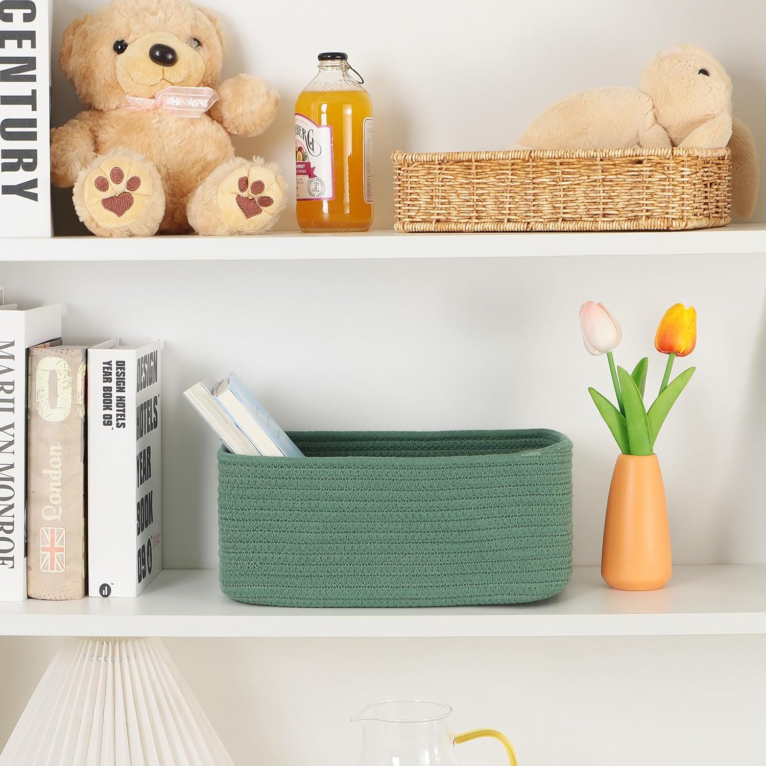 Small Storage Baskets for Organizing | Closet Organizer Bins | Shelf Toy Basket | Woven Rope Baskets | Cube Decorative Box | Shallow Basket | 11.5x7.5x4.7” | 4 Packs Green