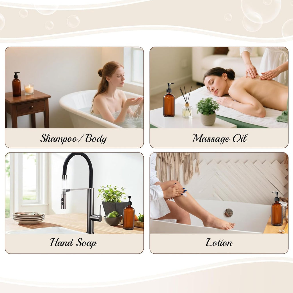 12 Pack Amber Glass Bottles 8oz with Pump Dispensers, Refillable Empty Pump Bottles for Bathroom, Kitchen, Shampoo, Soap, Lotion – Includes 2 Funnels & 12 Labels