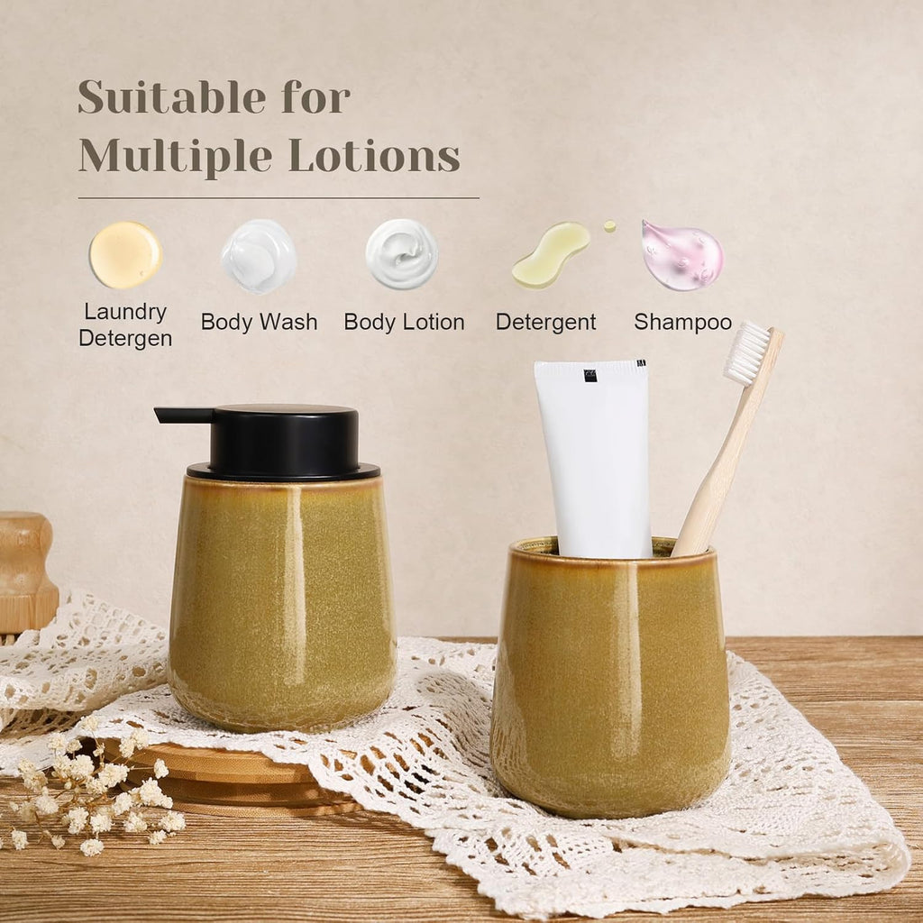 INGOFIN Ceramic Lotion Dispenser - 12 oz Refillable Hand Soap Dispenser Bathroom, Modern Liquid Soap Dispenser with Pump, Dish Dispenser for Kitchen,Kiln-Glazed Earthy Yellow