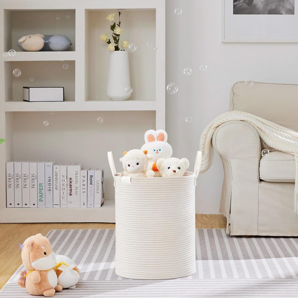 VIPOSCO Tall Laundry Basket, Large Dirty Clothes Hamper with Leather Handle, Woven Rope Storage Basket for Blanket, Toy In Living Room, Bathroom, Bedroom - 53L White