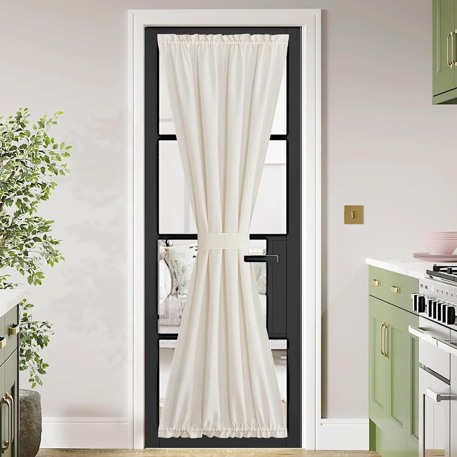 NICETOWN 80 inches Sidelight Door Curtains for French Door Linen Sheer Window Panels for Kitchen Patio Glass Adjuatble Curtains with Tieback, 26 x 80 Inches, 1 Panel, Linen
