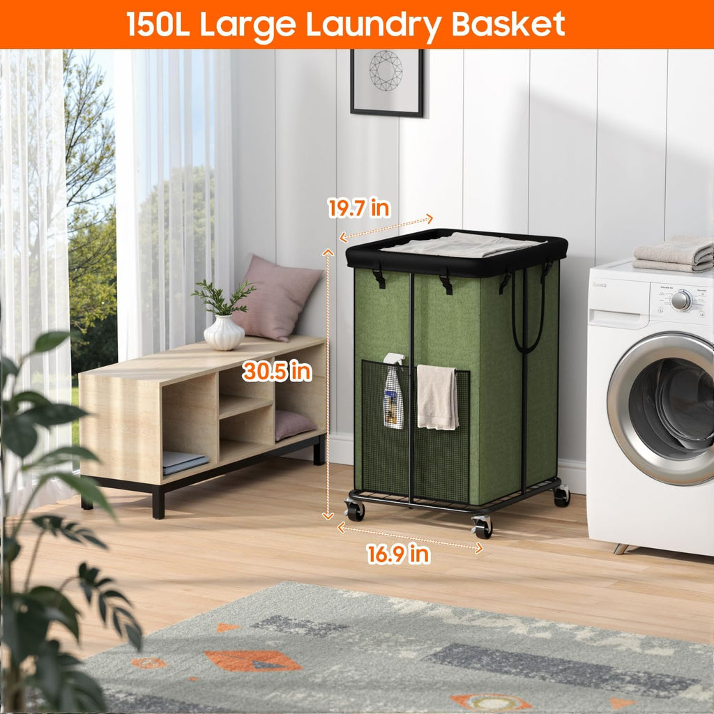 150L Laundry Hamper with Wheels, Rolling Laundry Basket with Metal Frame and Removable Bag, Large & Tall Dirty Clothes Hampers for Bedroom Aesthetic, Laundry Room, Bathroom, Dorm-Green