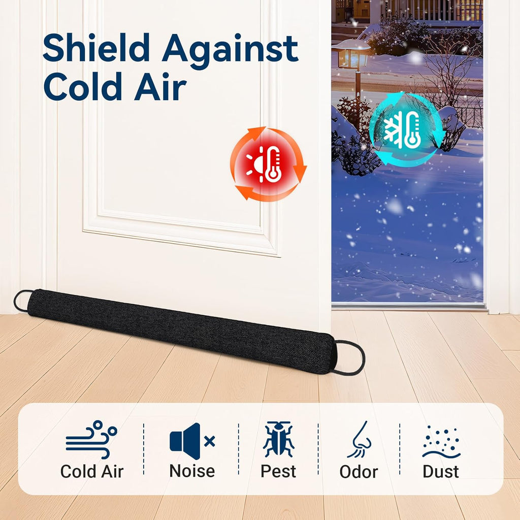 Door Draft Stopper for Bottom of Door, 36’’ Heavy Duty Under Door Draft Blocker Gap Filler, Door Seal for Noise Light Cold Air, with Adhesive Strips, Black