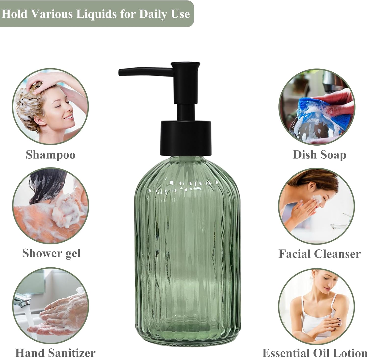 Green Glass Soap Dispenser with Black Plastic Pump, 13.5oz Refillable Liquid Hand Soap Dispenser, Lotion Dish Soap Dispenser for Modern Home Decor, Bathroom, Kitchen Countertop, Hotel