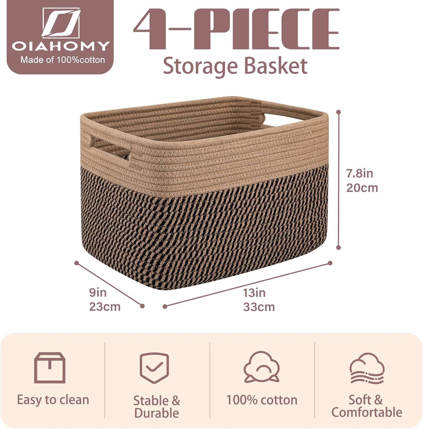 OIAHOMY 4 Pack Storage Baskets for Organizing, Basket for Shelves with Handle, Woven Baskets for Storage Toys, Towels, Books, Cotton Rope Basket 13" L x 9 " W x 7.8 " H, Brown & Black