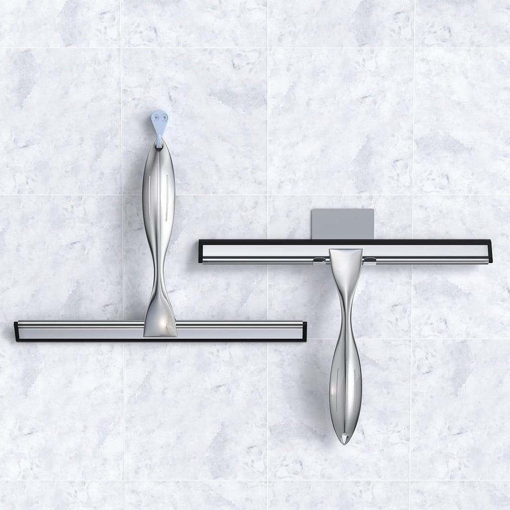 14-Inches Stainless Steel Shower Squeegee Set, Include Shower Door Hook, Adhesive Hook and Spare Silicone Blade, Window Squeegee for Shower Glass Door, Bathroom, Mirror, Window and Car Glass