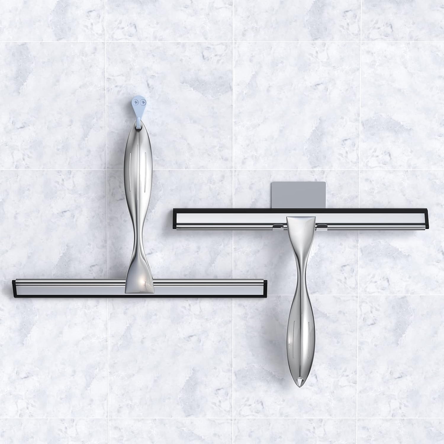 14-Inches Stainless Steel Shower Squeegee Set, Include Shower Door Hook, Adhesive Hook and Spare Silicone Blade, Window Squeegee for Shower Glass Door, Bathroom, Mirror, Window and Car Glass