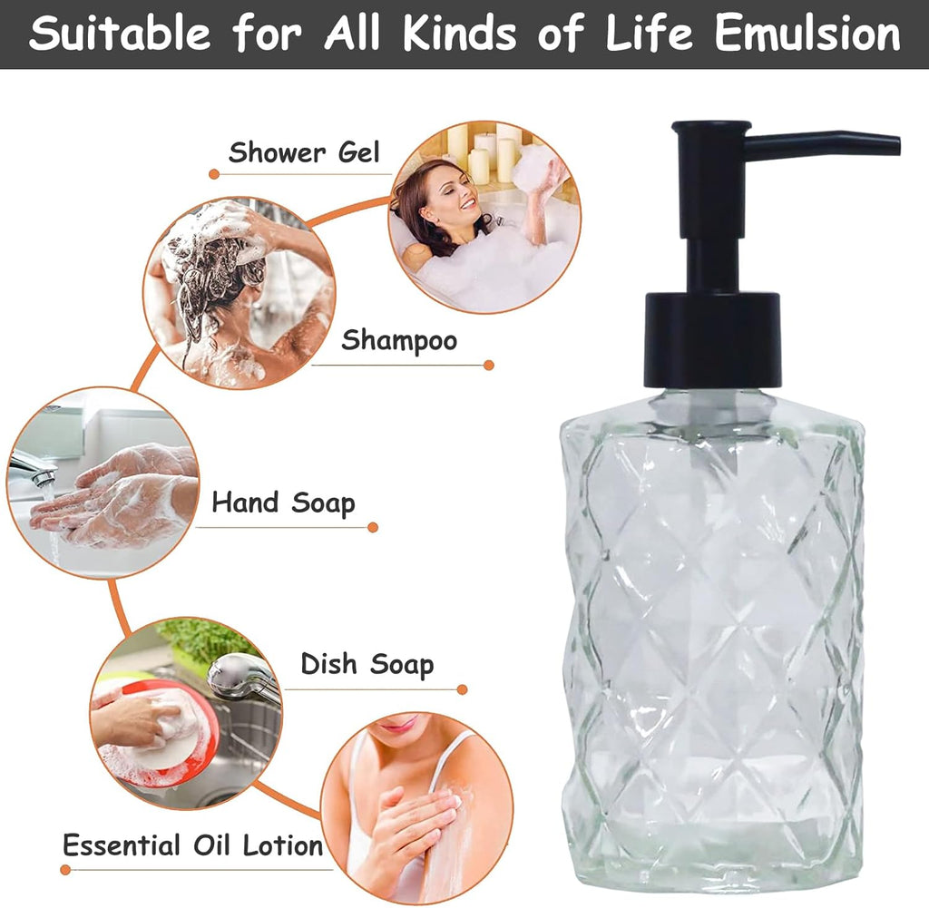 Crystal Glass Soap Dispenser, 12oz Clear Bathroom Hand Dispenser, Lotion Dispenser with Black Plastic Pump for Modern Home Decor, Kitchen Countertop, Hotel