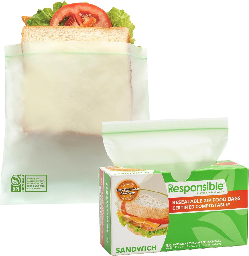 Responsible Products Certified Compostable SANDWICH Resealable Zip Bag, Extra Strength Food Bags, Plant-Based Freezer-Safe (68 Pack)