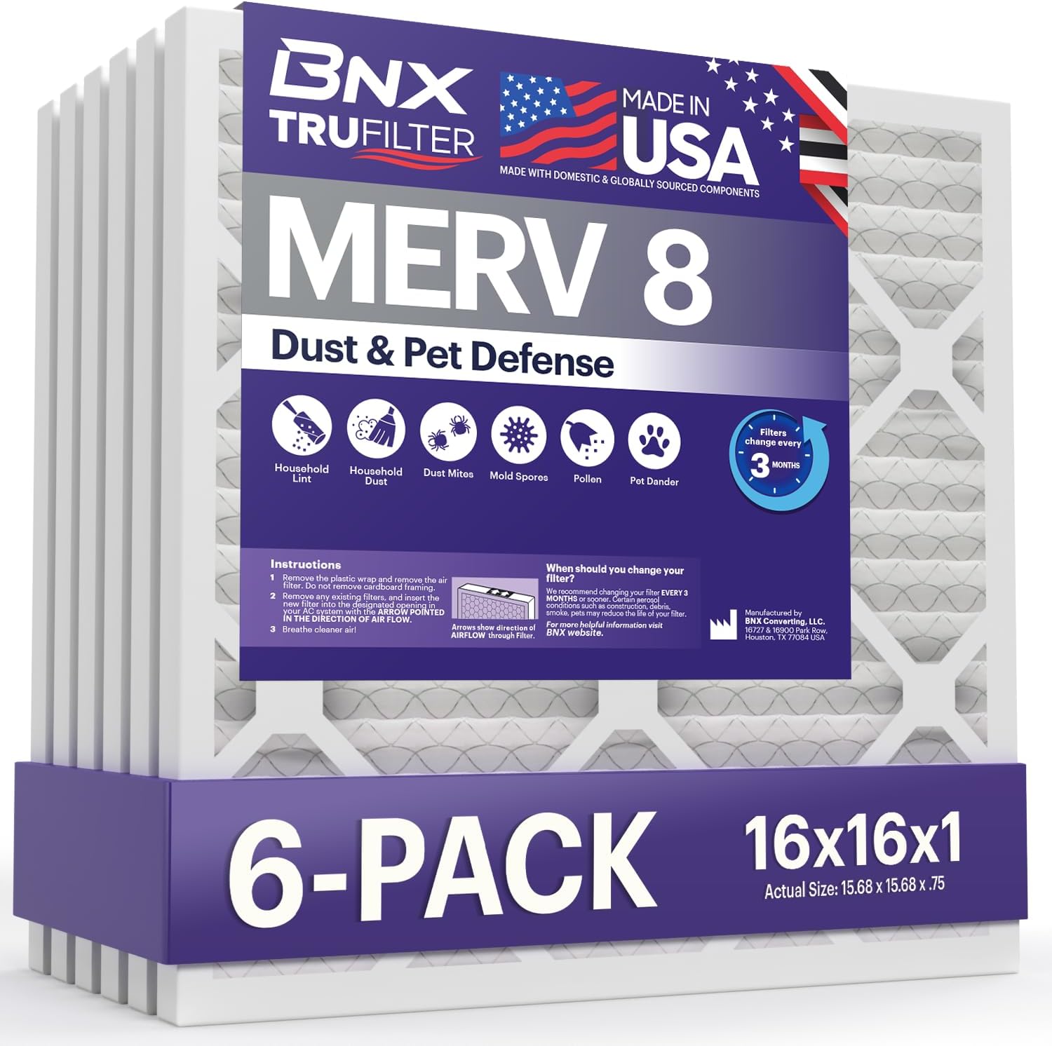 BNX TruFilter 16x16x1 Air Filter MERV 8 (6-Pack) - MADE IN USA – Dust & Pet Defense Air Conditioner HVAC AC Furnace Filters for Dust, Pet, Mold, Pollen MPR 600 – 700 & FPR 5