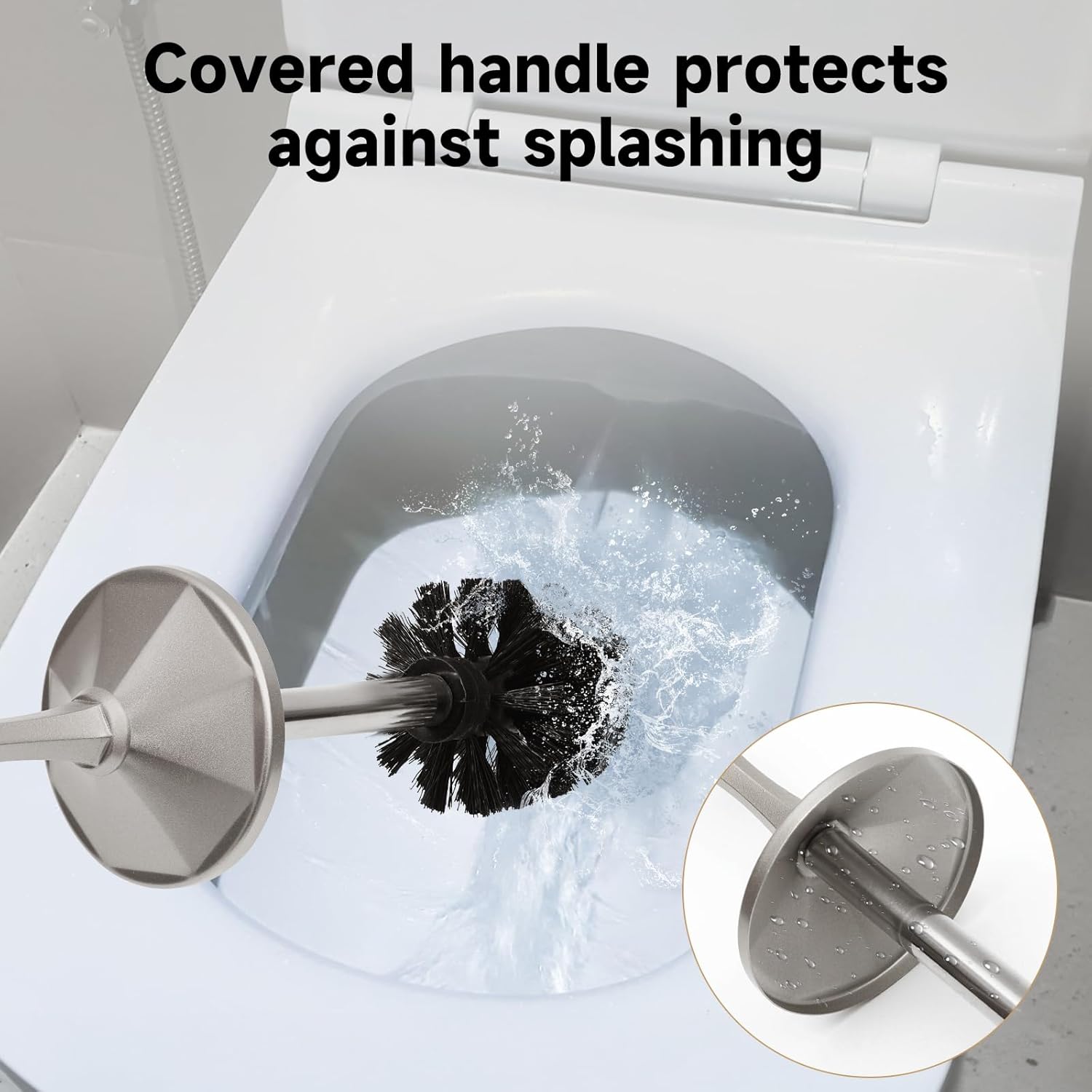 Stain Nickel Toilet Brush and Holder，Extra Long Handled Toilet Brush for Bathroom，Stainless Steel Heavy Duty Toilet Bowl Brush,Deep Cleaning Modern Toilet Cleaner Brush -Space Saving, Covered Brush